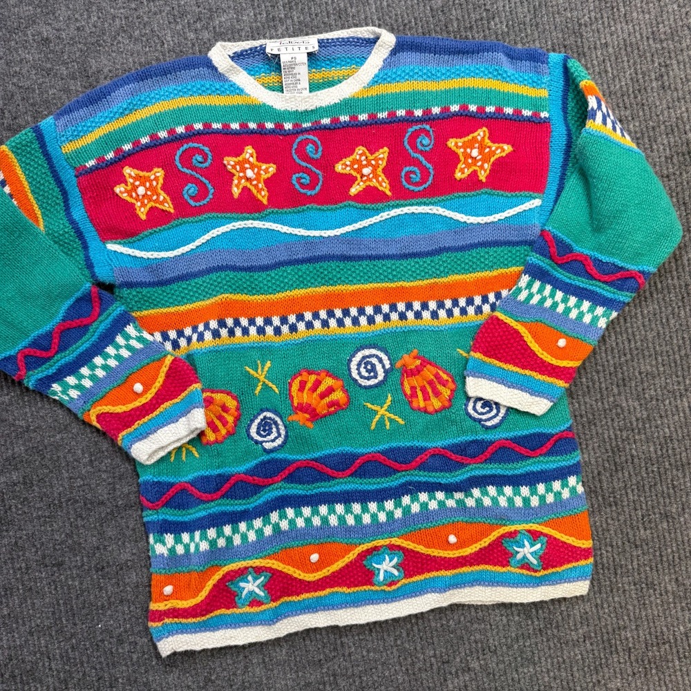 VTG Talbots Sweater Womens Small Petite Textured 3D Knit Ramie Beach Shells 90s